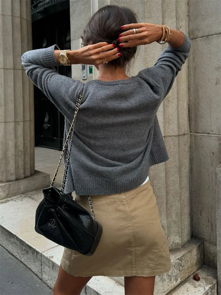 Female Sweater Knit Cardigan Coat Loose Long Sleeve Patchwork Scoop Neck Outwear Autumn Knitwear Coat