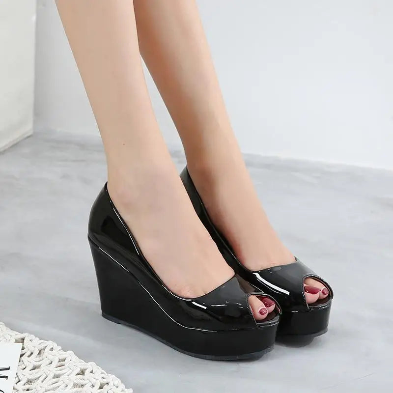 3143 New Wedge Open Toe Shoes High Heel Platform Shoes Patent Leather