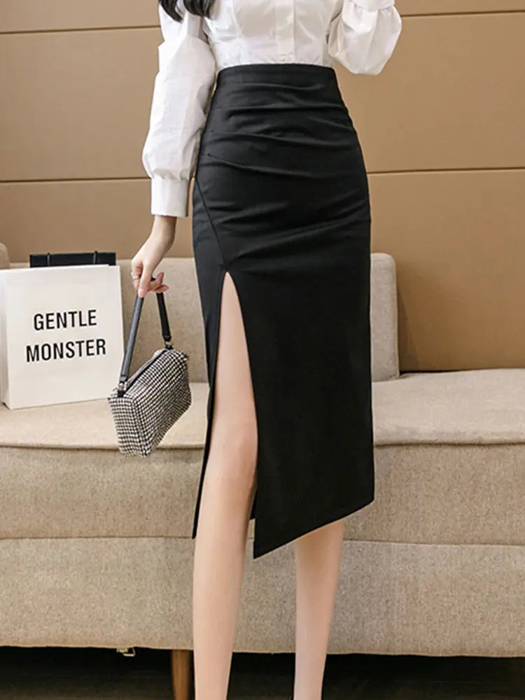 High Waist Slim Folds Skirts Womne Spring Summer Autumn Split Package Hip Long Skirt Office Lady Black Midi Skirts