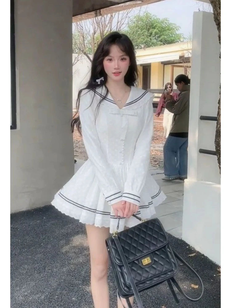 Mini Dresses Sweet Sailor Collar Long Sleeve Slim Ins Lace Bow Party Dress Preppy Style Female