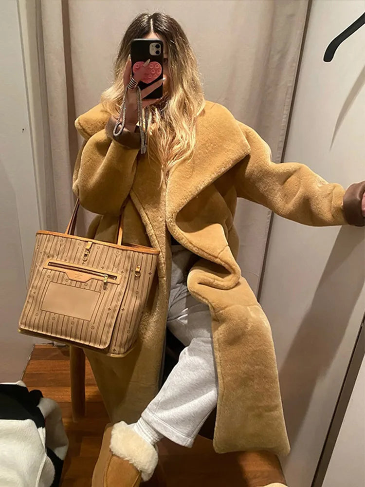 Furry Faux Fur Long Coats With Belt Big Lapel Long Sleeve Pocket Plush Overcoats Lady Winter High Street Outwear