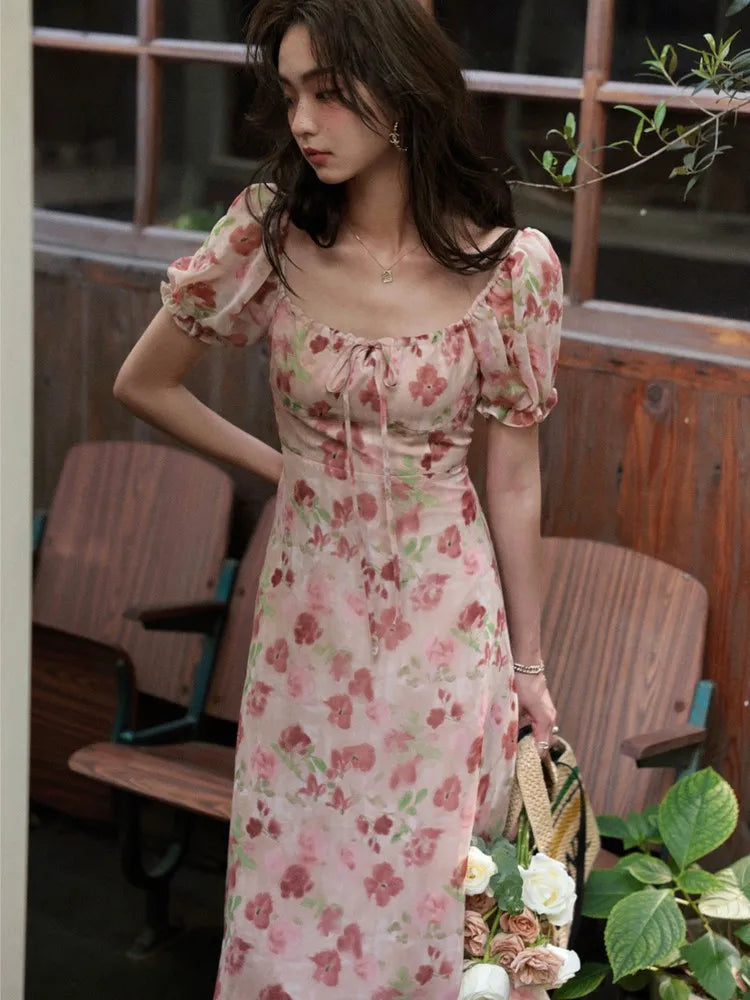 French Printed Midi Dresses for Summer Puff Sleeve Square Collar Slim Party Dress One Piece Vestido