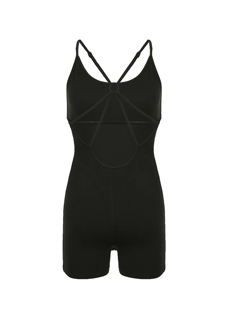 Cross Backless Skinny Black Slip Rompers Playsuit Rave Sports Outfits Summer Vacation Clothing