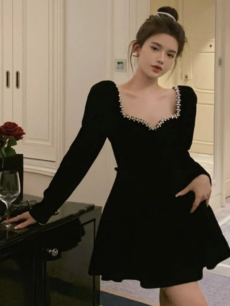 French Velvet Evening Robe for Autumn Diamonds Long Sleeve High Waist Mini Dresses Birthday Party Prom Clothing