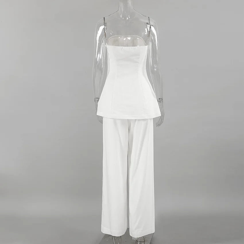 White Simple Wide Leg Pants Sets Summer New Off Shoulder Sleeveless Tube Tops Pants 2 Piece Set