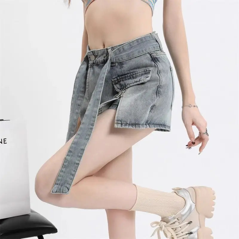 Hot Girl Retro Bow Denim Shorts Summer Shorts Skirts High Waist Hot Pants Strap High Waist Slimming Wide Legs Jeans