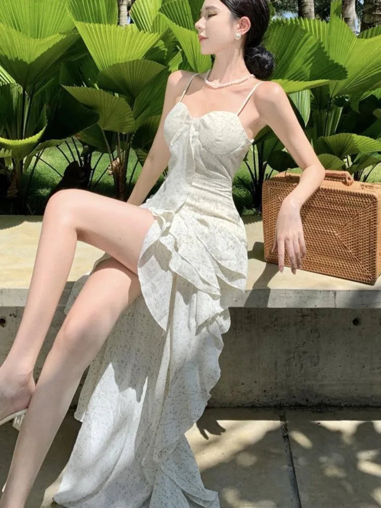 Summer Club Sling Print Slim Fairy Dress Irregular Layered Ruffles Backless Holiday Party Long Dress New
