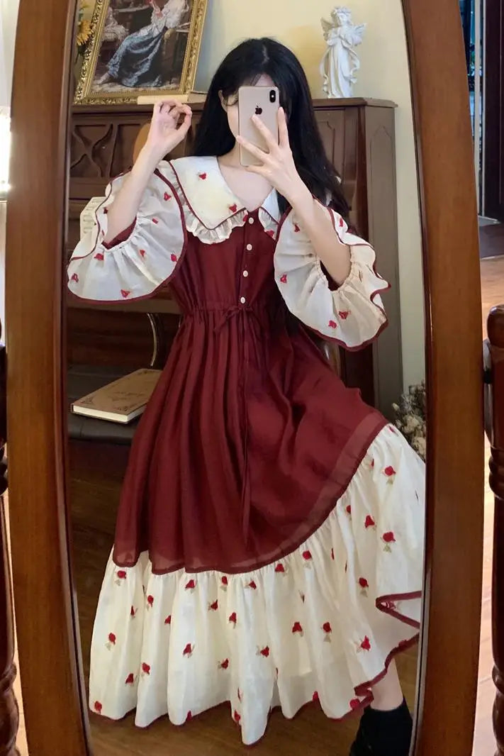 Heavy Industry Embroidery Splicing Contrasting Color Princess Dress Female Doll Collar College Style Sweet Long Dress for