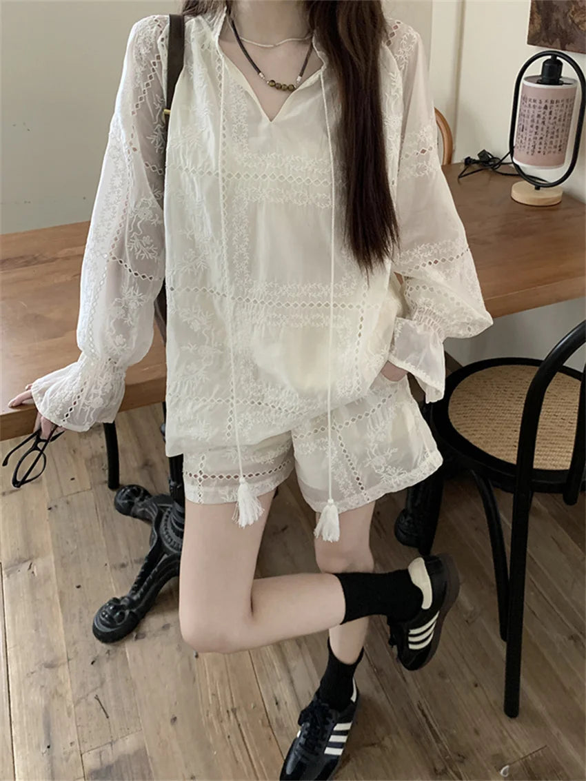 White Suits Hollow Out Flare Full Sleeve Blouses Summer Office Wear Sweet New Ol Wide Leg Loose Shorts