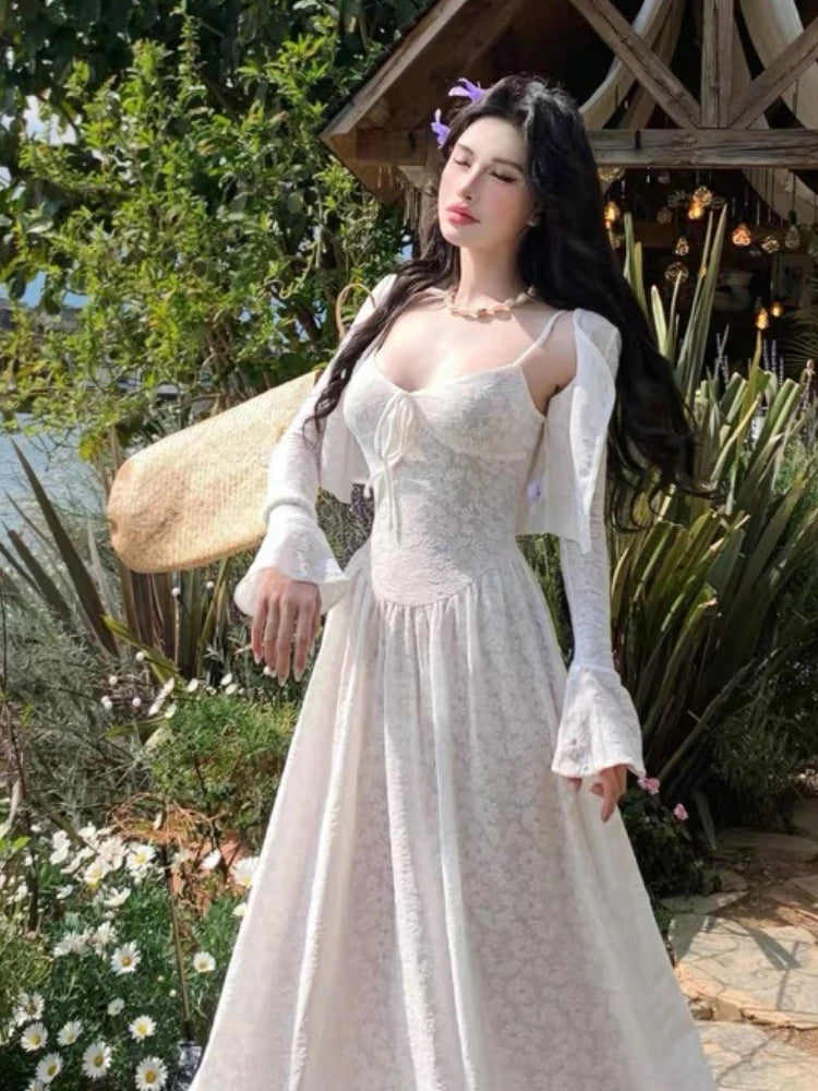 Twopiece Dress Set White Lace Corset Maxi Dress With Long Sleeve Cover Up Fairycore Look