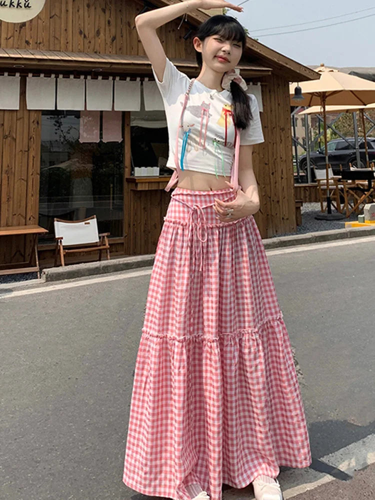 Color Blocking Plaid Design Skirt Summer New Elastic Waist Long Skirt Korean Pastoral Style Aline Skirt
