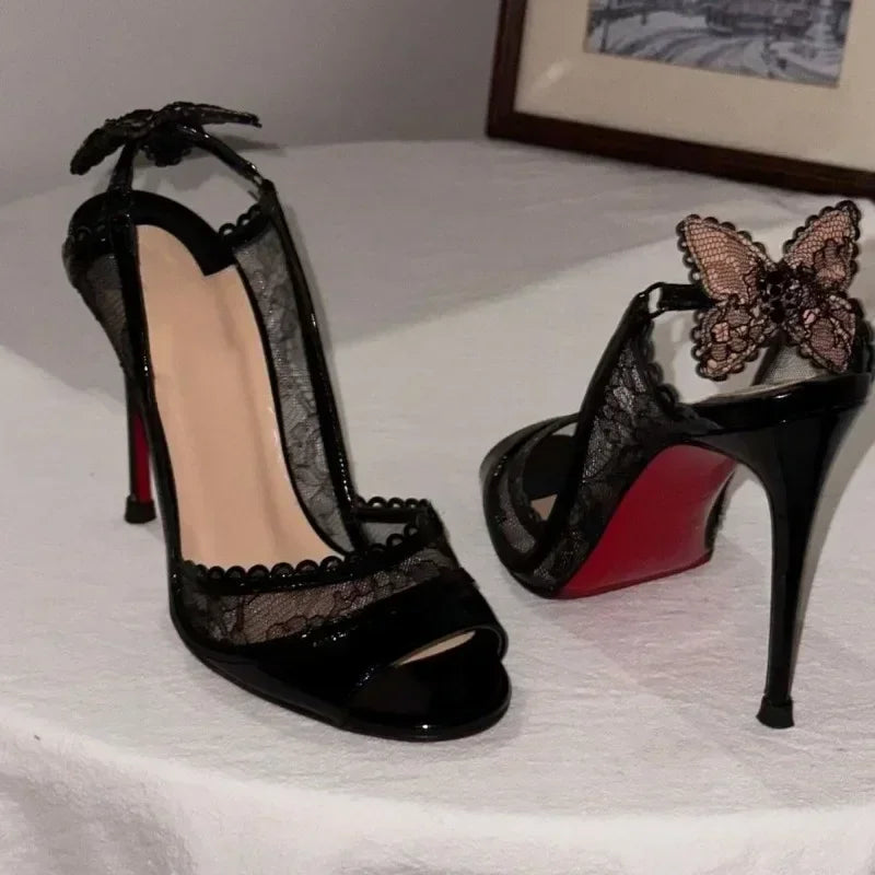 Cutout Lace Bowknot Pumps Summer Peep Toe Slingback Sandals Thin High Heels Black Patent Leather Party Wedding Shoes