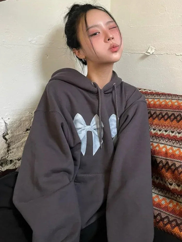 Kawaii Bow Print Hoodies Y2k Long Sleeve Sweatshirt Oversized Sweet Girl Causal Loose Autumn Winter Clothes Ins