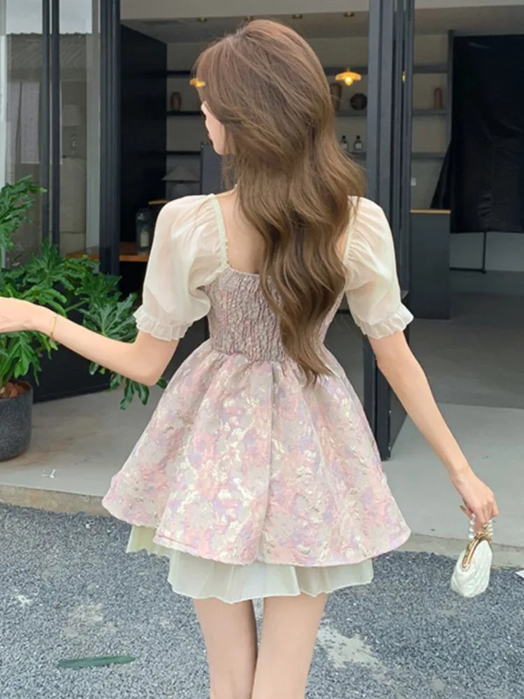 French Sweet Mini Dress for Bow Short Sleeves Laceup Princess Birthday Party Short Dresses Aline Vestidos