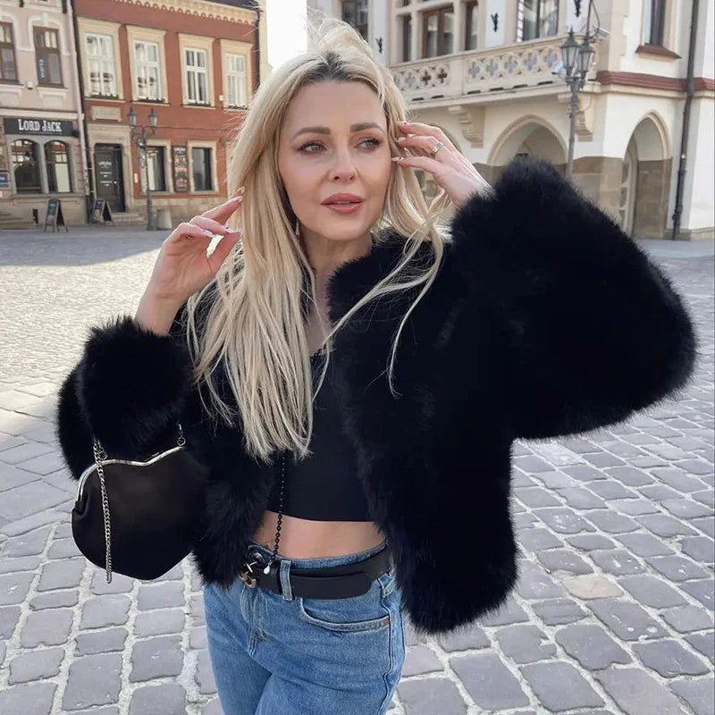 Street Blogger Winter Faux Raccoon Fox Fur Coat Jacket Thick Warm Cropped Fluffy Overcoats