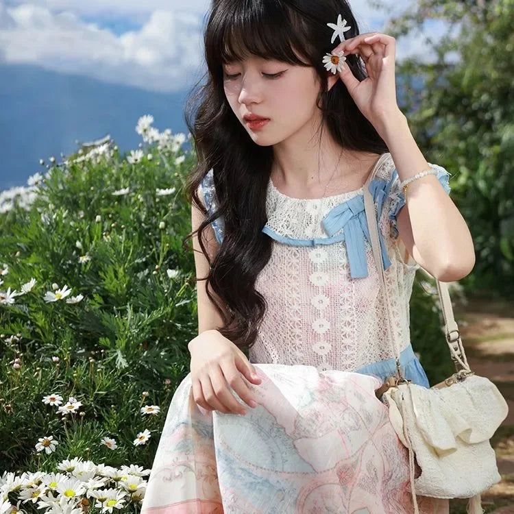 Sweet Oil Painting Style Dress for Summer New Atmosphere Bow Lace Round Neck Aline Party Long Dresses