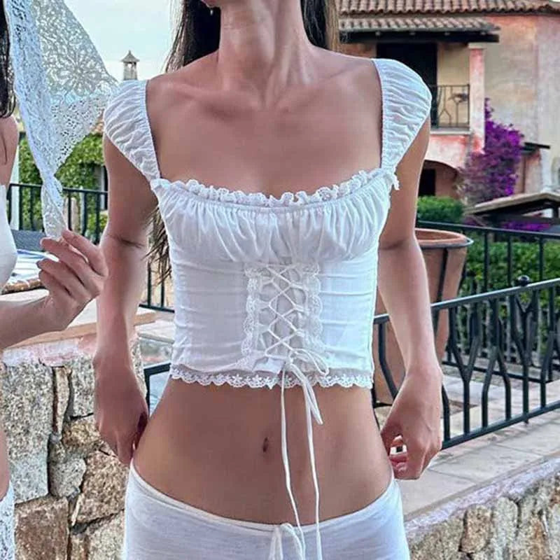 Fairycore Kawaii Lace Trim Front Tie Up T-shirt French Romatic Square Neck Crop Tops Slim Fitted Tees Y2k