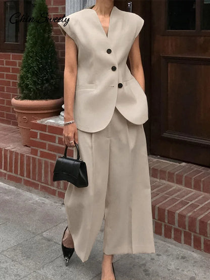 Waistcoat Pants Set for 2 Pieces Single Breasted Tank Wide Leg Trousers Spring Summer Lady Commute Outfits