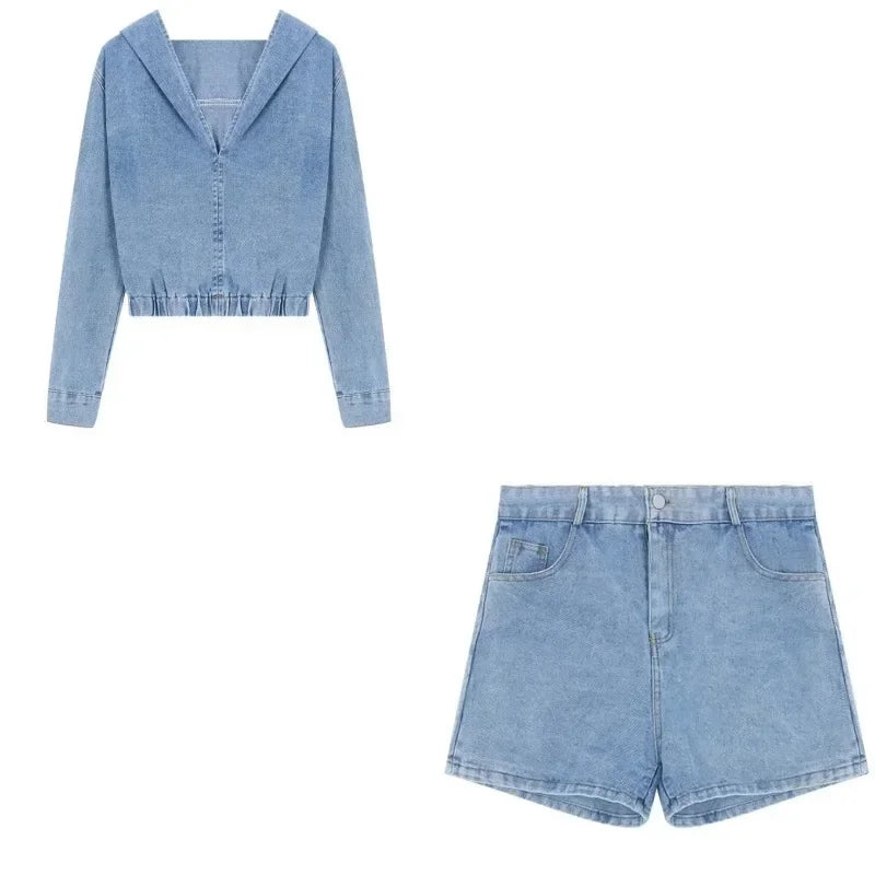 Winter New American Distressed Washed Loose Denim Hooded Longsleeved Tshirt + Straight Shorts Twopiece Suit