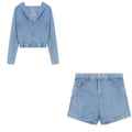Winter New American Distressed Washed Loose Denim Hooded Longsleeved Tshirt + Straight Shorts Twopiece Suit