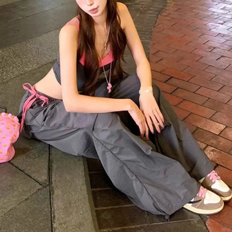 Summer New American Laceup Pleated Loose Wide Leg Pants + Backless Patchwork Camisole Twopiece Suit