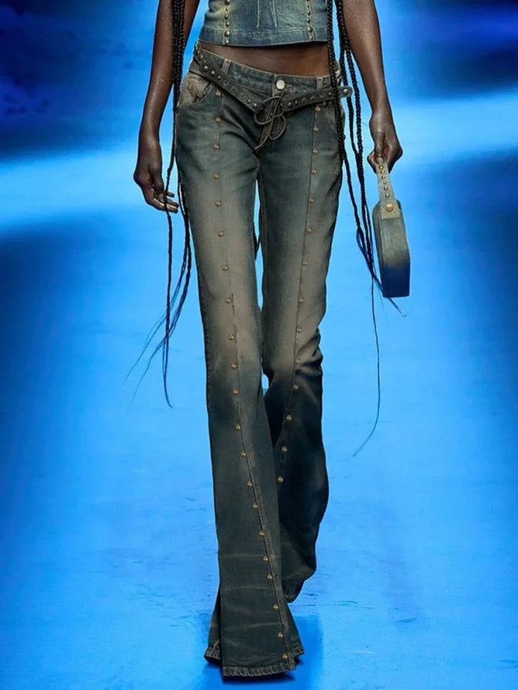 Distressed Y2k Flared Jeans Low Rise Rivet Stitching Cargo Pants 90s Grunge Denim Trousers New
