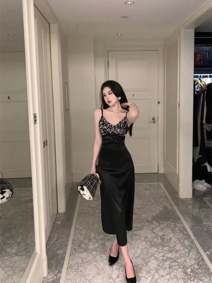Brands Black Vneck Strap Dress New Summer Style Slim Fit Slim Long Dress Y2k