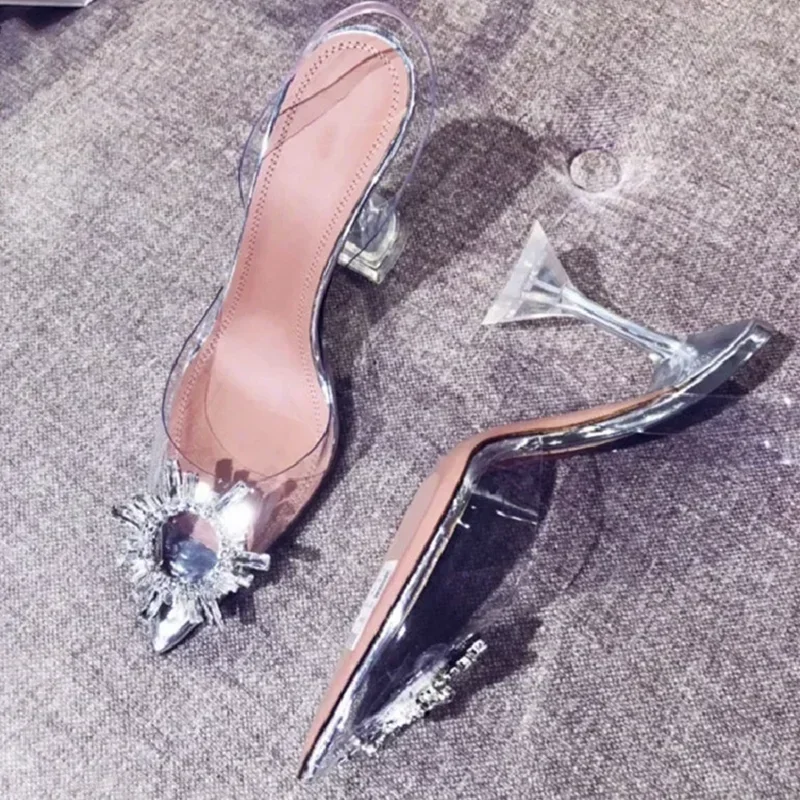 Designer Crystal Diamond Pvc Transparent High Heels Pointed Toe Pumps Banquet Prom Dress Shoes