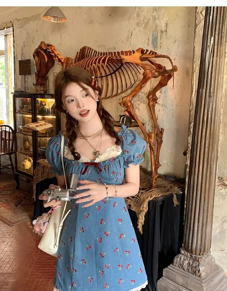 French Printing Mini Dress Japan Sweet Lace Summer One Piece Dress Fairy Evening Party Denim Dresses