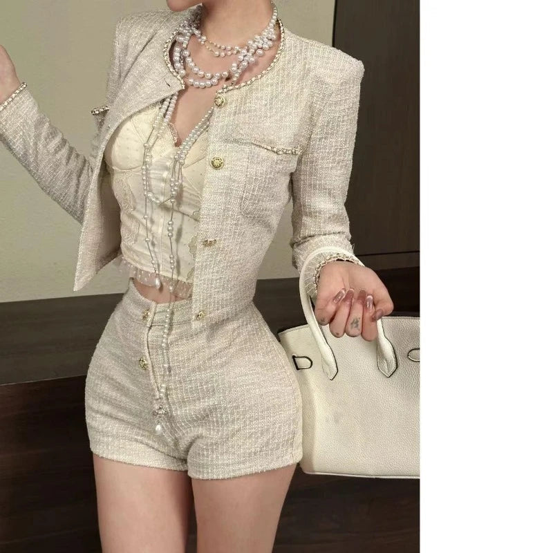 Sweet Hot Girl Tweed Suit Autumn Oneck Longsleeved Jacket High Waisted Shorts Twopiece Set Female Clothes