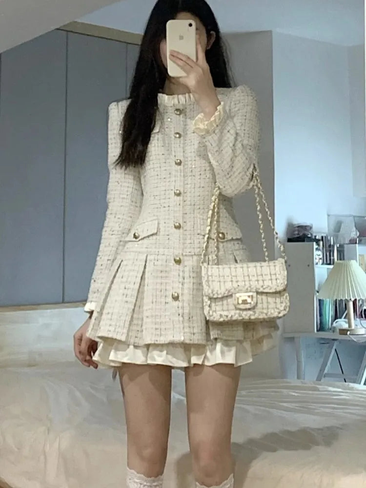 French Coat Dresses for Long Sleeve O-neck Ruffles A-line Short Dress Autumn Spring Korean Vestidos Mujer New