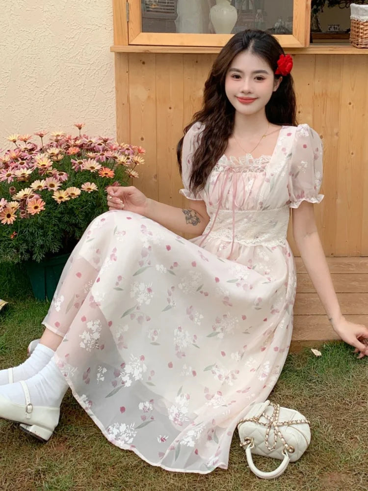 Summer French Chiffon Lace Dress Square Neck Waist Slim Shortsleeved Dress Bandage Midlength Dresses