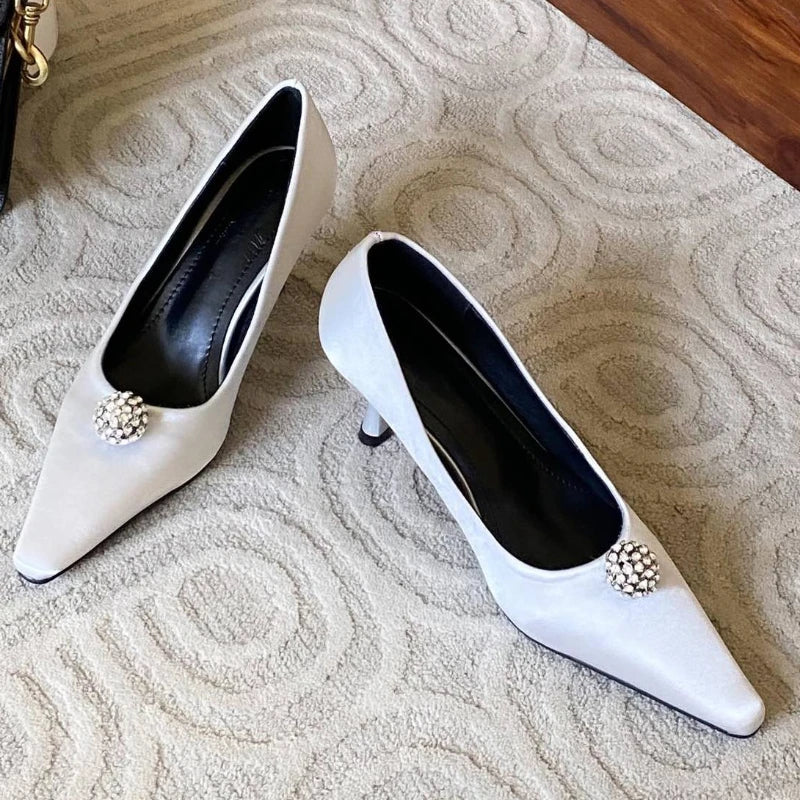 Silk Rhinestone High Heels Pointed Toe Pumps Office Shoes Female Shallow Brand Banquet Dress Shoes