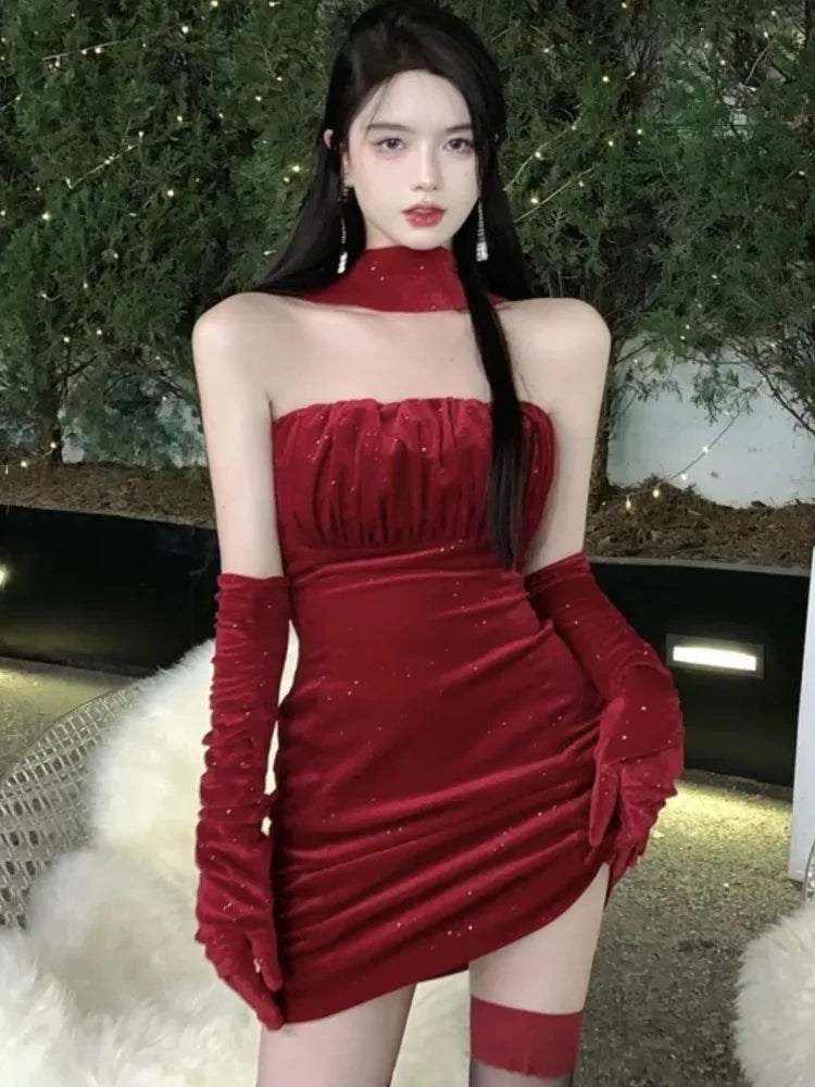 Bodycon Velvet Mini Dresses for Strapless Slim Waist Birthday Party Evening Dress Korean One Piece Vestidos