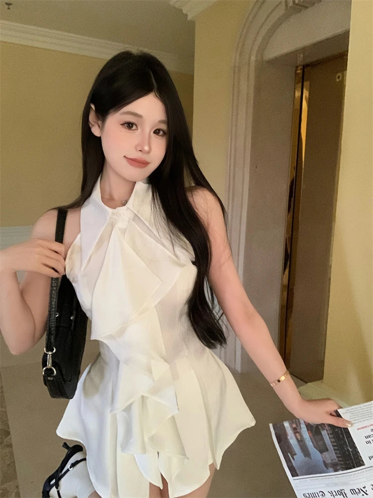 White Ruffle Edge Polo Neck Sleeveless Shirt Top Summer French Style Mid Length Waist Slim Blouses Clothing