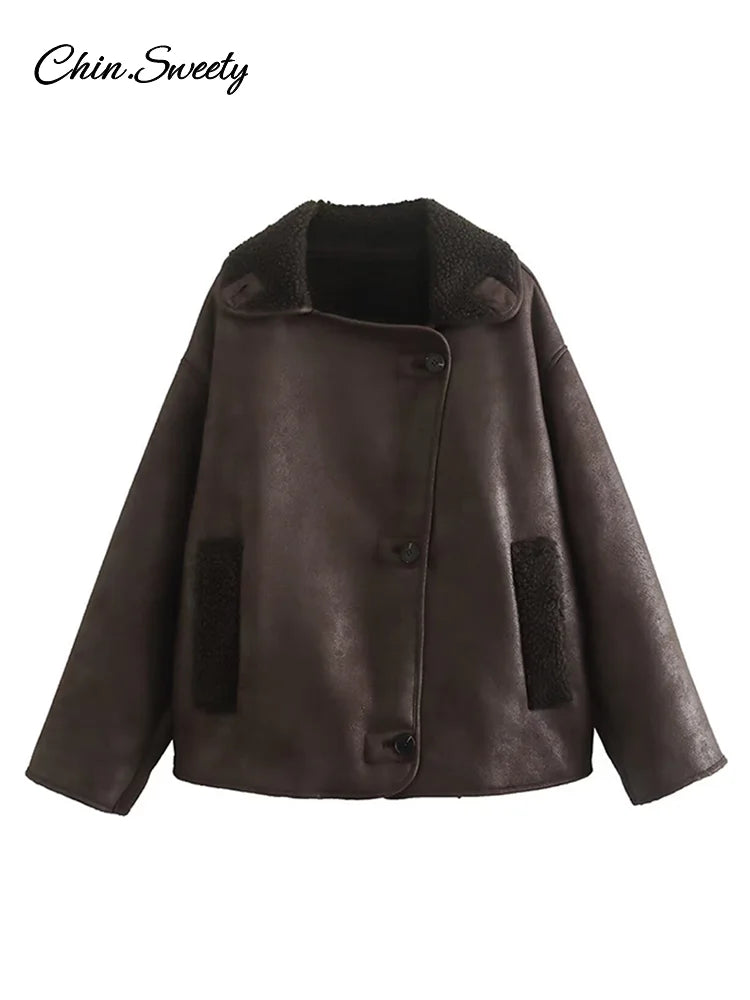 ’s Leather Jacket Loose Thick Warm Lapel Single Breasted Long Sleeve Fleece Jacket Fall Winter Street Outwear