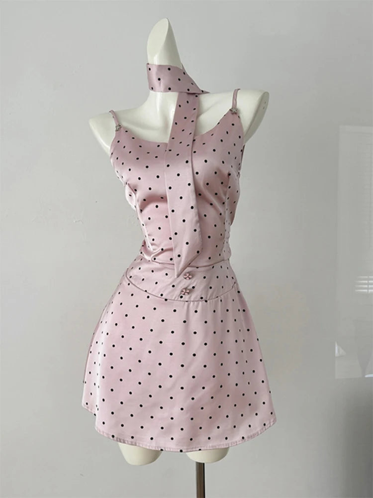 Summer Vacation Korean Rave Gyaru Coquette Birthday 2000s Polka Dot Night Club Outfits 2 Piece Set Camisole + Mini Skirt