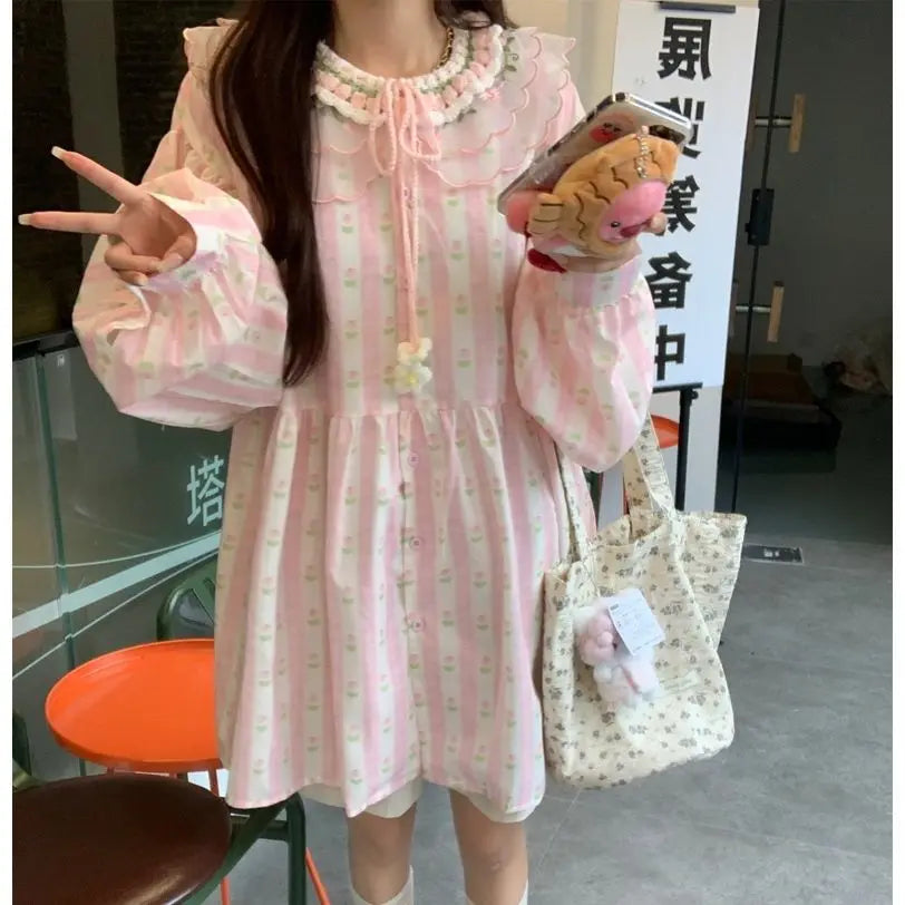 Sweet 3d Hook Flower Stripe Pink Dress Summer New Embroidered Girl Doll Neck Loose Aline Midi Dress for