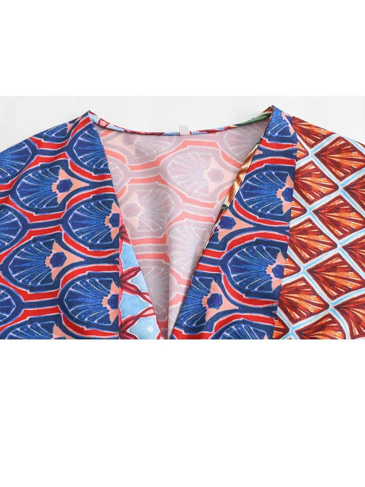 2 Piece Set Vneck Wide Long Sleeves Printed Crop Top Female Elastic High Waist Loose Pants