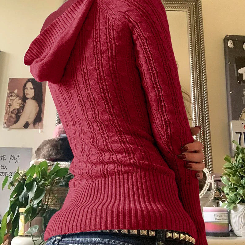 Twist Knit Fitted Sweater Top V Neck With Hooded Long Sleeve Pullovers Knitwear Basic Y2k Outfits