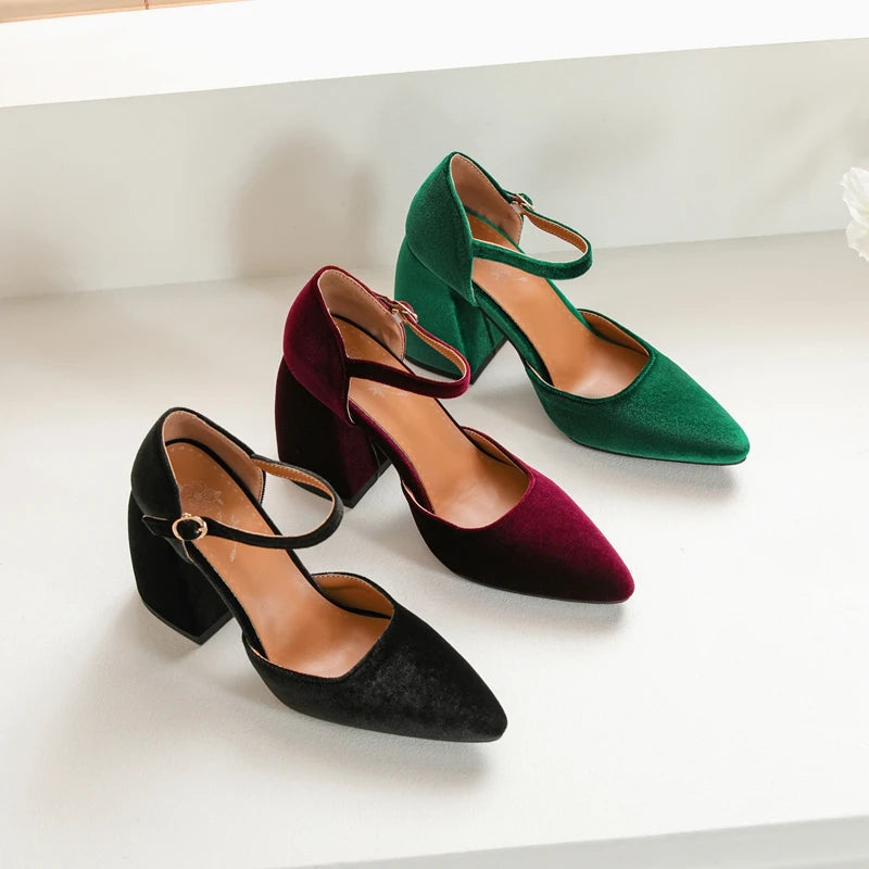 Velvet High Heels Shoes Female Ankle Straps Black Green Heeled Pointy Party Shoe Dress Pumps 45