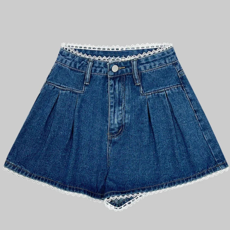 Spring Summer Lace Patchwork Denim Short Pants High Waist Loose Jeans Wide Leg Shorts for