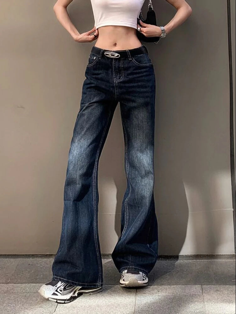 Classical Gyaru Japanese Jeans Harajuku Y2k Low Rise Flare Denim Pants 2000s Bellbottom Trousers Kpop