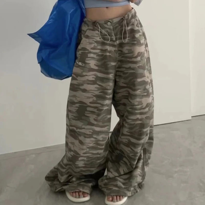 Y2k Camouflage Pants Hip Hop Baggy Pants Korean Drawstring Oversize Low Waist Summer Trousers