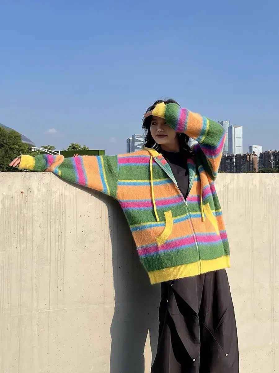 Retro Rainbow Striped Knitted Sweater Cardigan Color Blocked Versatile Autumn Winter Hooded Jacket