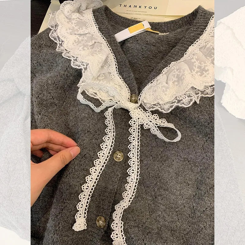 Sweet Kawaii Sweater Gray Lace Doll Neck Knit Cardigan Clothing Autumnwinter Soft Lazy Vneck Coat