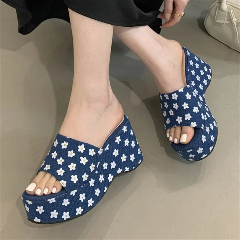 New Summer Flower Platform Wedges Woman Slippers Open Toe Chunky High Heels Slides Shoes