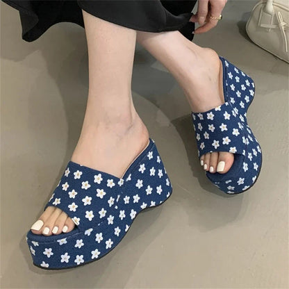 New Summer Flower Platform Wedges Woman Slippers Open Toe Chunky High Heels Slides Shoes