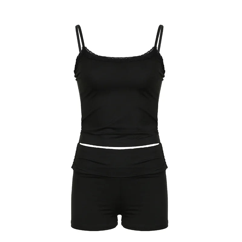 Shorts Set Basic 2 Piece Sets Lace Trim Sleeveless Camis Tops Lowwaisted Shorts Housewear