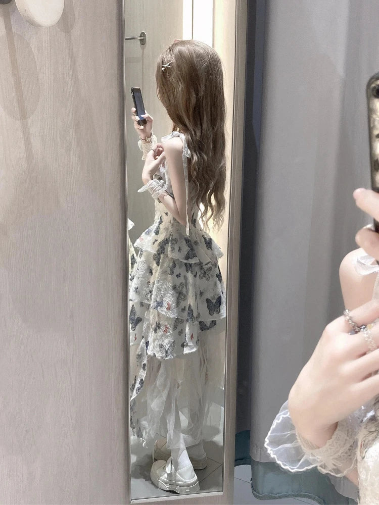 2000s Y2k Irregular Midi Dress Female Short Party Japanese Print Sleeveless Dress One Piece Dress Korean Summer